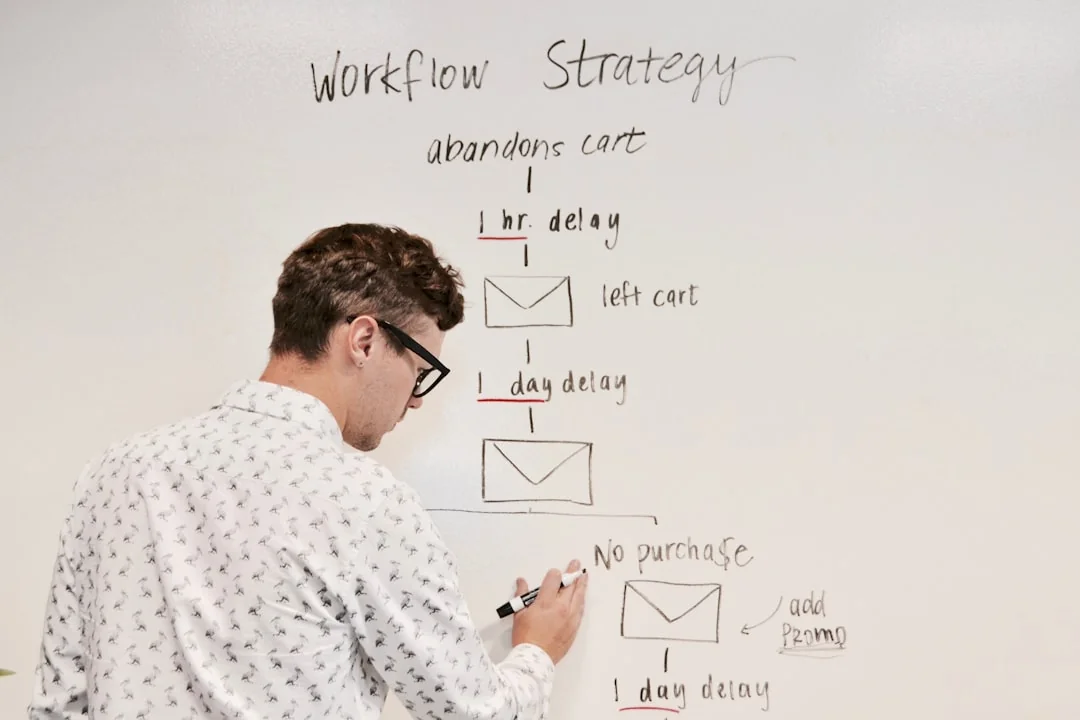 Top-down view of a business chart placed on a table with a red notebook and colored pencils.